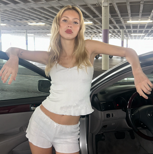 Distressed Pointelle Cross Bow Tank
